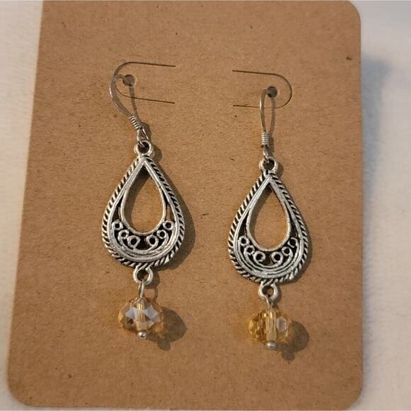 Handmade Jewelry - Handmade Silver Filgree with Yellow Faceted Bead Earrings 5/$25